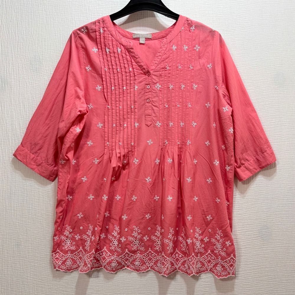 Woman Within Tunic Top Womens Size L Coral Pink Eyelet Embroidered Pintuck Boho